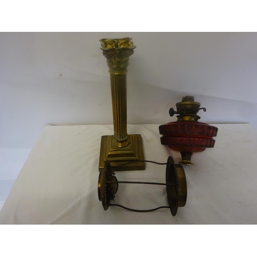 34 - Part oil lamp - oil brass corinthan column, red glass bowl, etc.