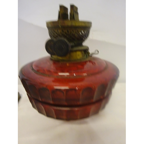 34 - Part oil lamp - oil brass corinthan column, red glass bowl, etc.