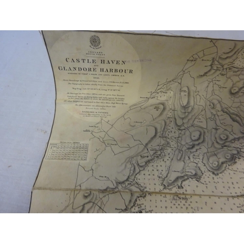 357 - Castlehaven & Glandore Harbours - Large old linen backed map.