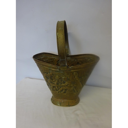 36 - Antique continental brass coal bucket embossed with figures in a travern.