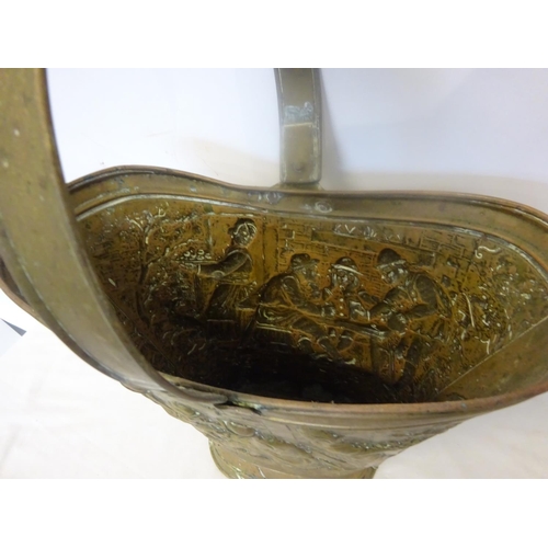 36 - Antique continental brass coal bucket embossed with figures in a travern.