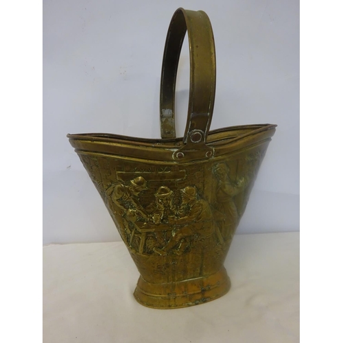 36 - Antique continental brass coal bucket embossed with figures in a travern.