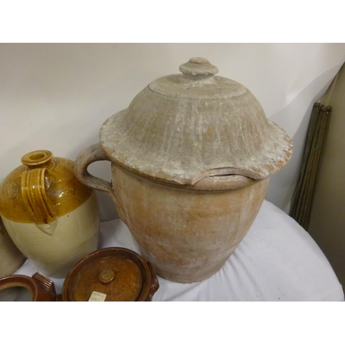 363 - Large old pottery vessel and lid together with a pair of pottery jars and lids, etc.