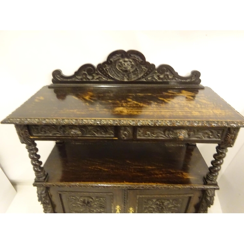 435 - 19th century carved oak side server fitted with drawers and cupboards. W. 125cm, D. 53cm, H. 110cm a... 