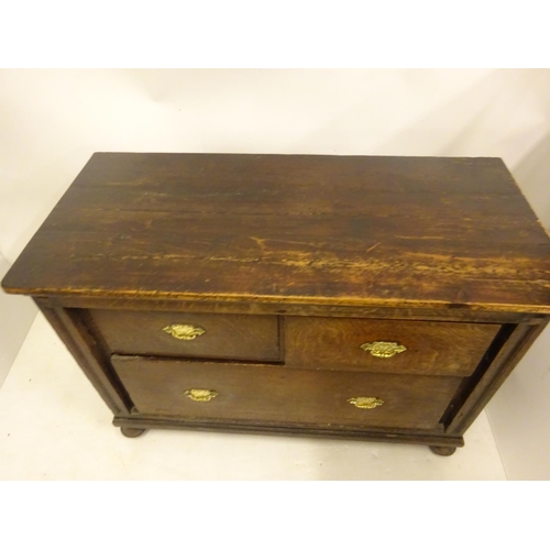 438 - Early antique oak chest of two short and one long drawer. W. 105cm, D. 50cm, H. 75cm approx.