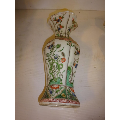 443 - Pair of Chinese vases - damaged. H. 28cm approx. and a tall blue and white vase, damaged. H. 40cm.