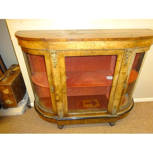 445 - Victorian walnut and brass mounted credenza with curved glass side doors. W. 140cm, H. 110cm, D. 40c... 