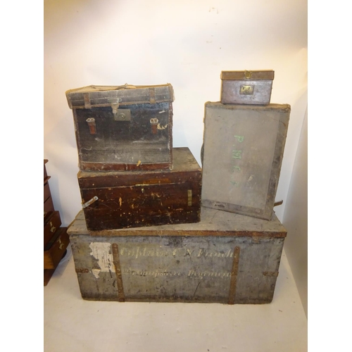 447 - Collection of old family trunks and cases. Large trunk with inscription Captain C.N. French, Hampshi... 