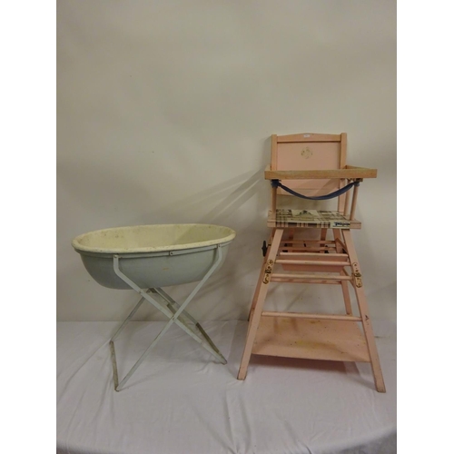 6 - Old folding child's chair and portable bath on metal stand.