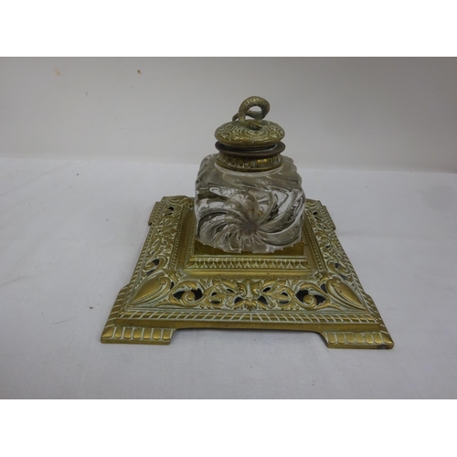 62 - Good Victorian brass and glass inkwell.