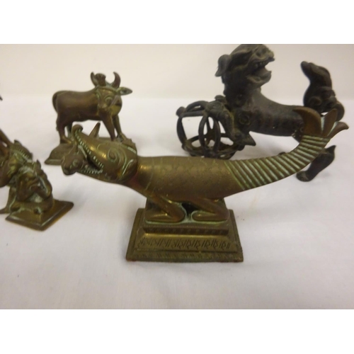 63 - A group of 5 brass and bronze animals and figures.