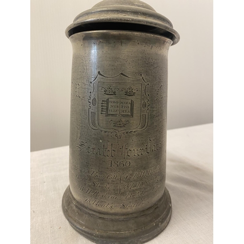 70 - A collection of 6 large lidded pewter tankards and 1 small tankard with interesting inscriptions. Th... 