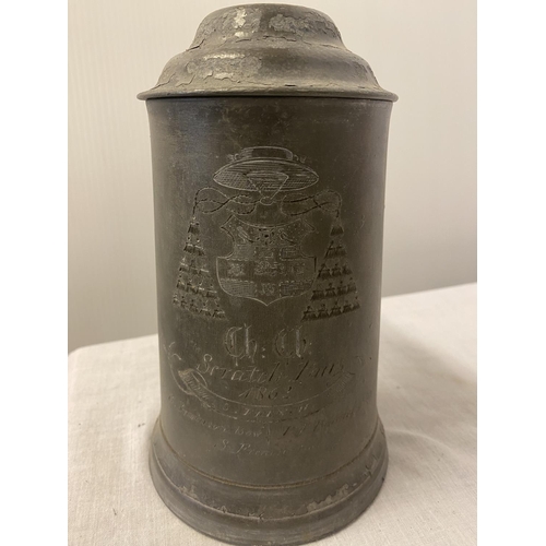 70 - A collection of 6 large lidded pewter tankards and 1 small tankard with interesting inscriptions. Th... 