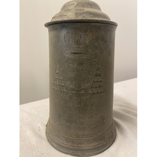 70 - A collection of 6 large lidded pewter tankards and 1 small tankard with interesting inscriptions. Th... 