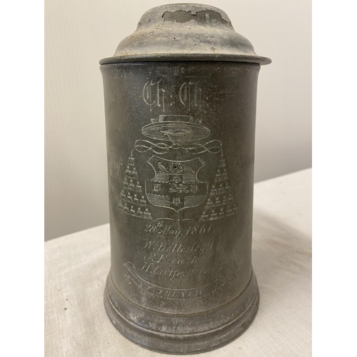 70 - A collection of 6 large lidded pewter tankards and 1 small tankard with interesting inscriptions. Th... 