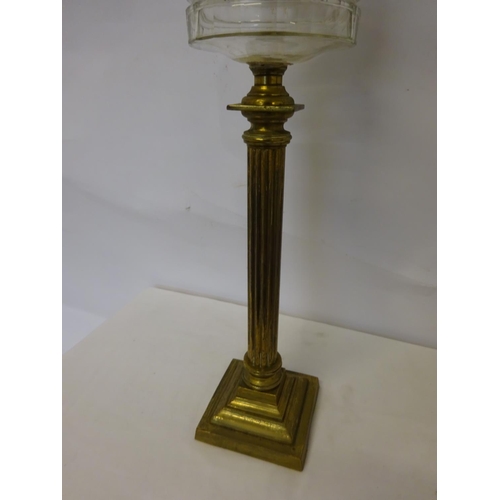 78 - Victorian tall brass column oil lamp with glass bowl and etched shade.