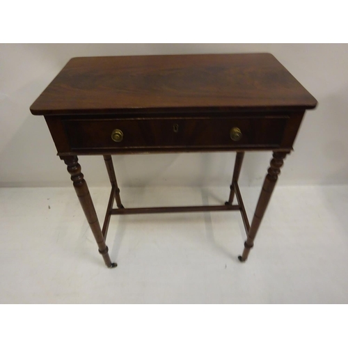 82 - Neat sized antique mahogany side table fitted with a drawer and raised on turned legs with cross str... 