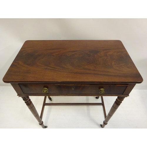 82 - Neat sized antique mahogany side table fitted with a drawer and raised on turned legs with cross str... 