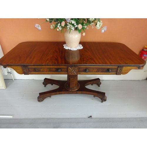 88 - A good antique flame mahogany drawing room sofa table (Cork), the rectangular top fitted with real a... 