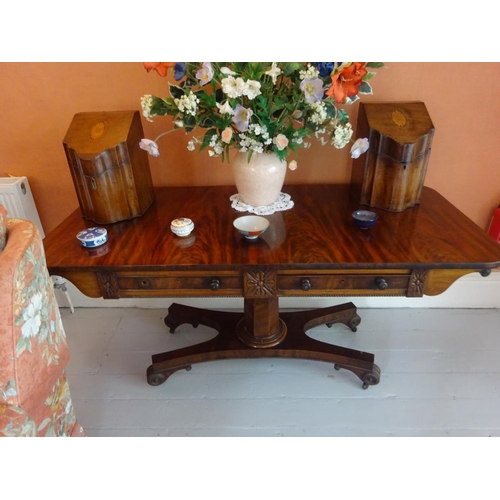 88 - A good antique flame mahogany drawing room sofa table (Cork), the rectangular top fitted with real a... 