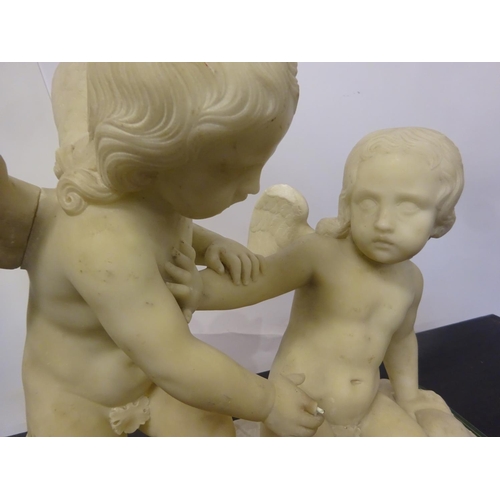 94 - A large old marble figure of two cherubs with bird on oval shaped base. W. 54cm, H. 50cm approx.