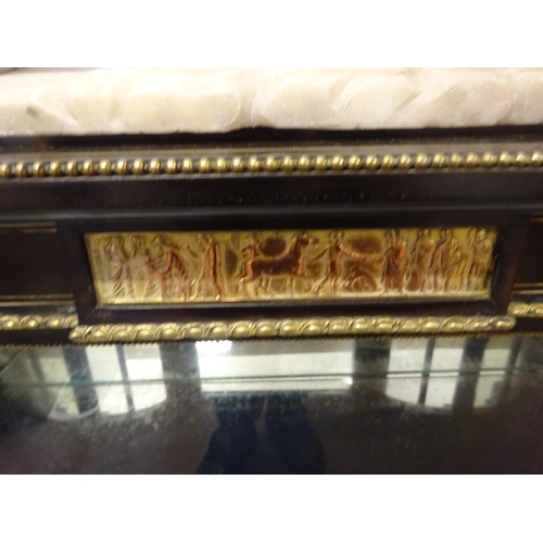 95 - A good ebonized drawing room cabinet having shaped top, the freize with copper plaque over inlaid an... 