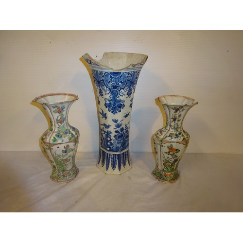 443 - Pair of Chinese vases - damaged. H. 28cm approx. and a tall blue and white vase, damaged. H. 40cm.