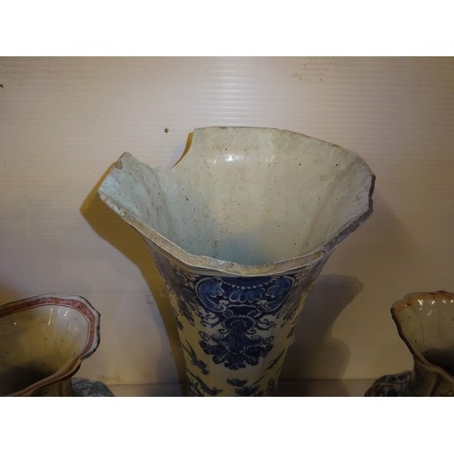 443 - Pair of Chinese vases - damaged. H. 28cm approx. and a tall blue and white vase, damaged. H. 40cm.