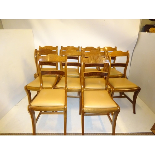 384 - A very good set of 10 mahogany dining room chairs, the scroll backs with walnut inlaid bar, drop in ... 