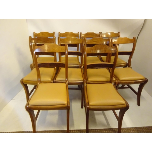 384 - A very good set of 10 mahogany dining room chairs, the scroll backs with walnut inlaid bar, drop in ... 