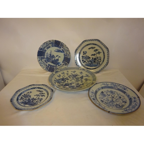 386 - Five old Chinese blue and white plates (some damage).