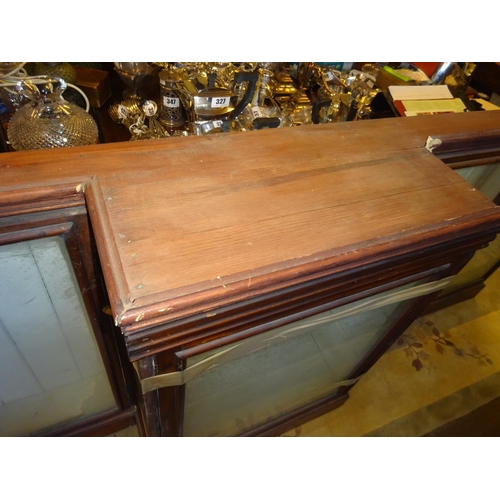 48 - Old timber breakfront shop cabinet with glass shelves, as found.  L. 265cm, H. 95cm approx.