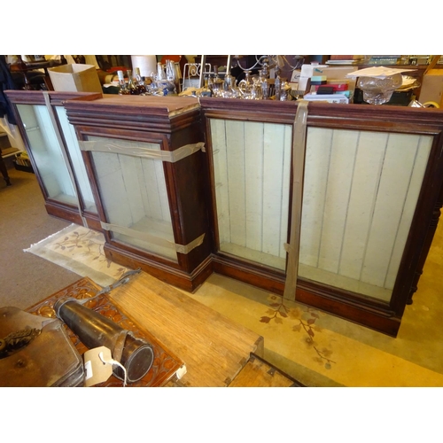 48 - Old timber breakfront shop cabinet with glass shelves, as found.  L. 265cm, H. 95cm approx.