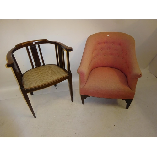 7 - An Edwardian upholstered drawing room chair and an inlaid mahogany occasional chair. (2)