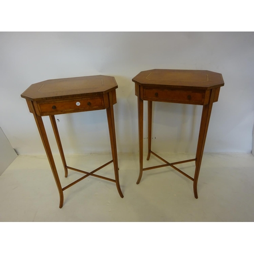 1 - A fine pair of satinwood lamp tables each fitted with a drawer and raised on tapered legs with cross... 