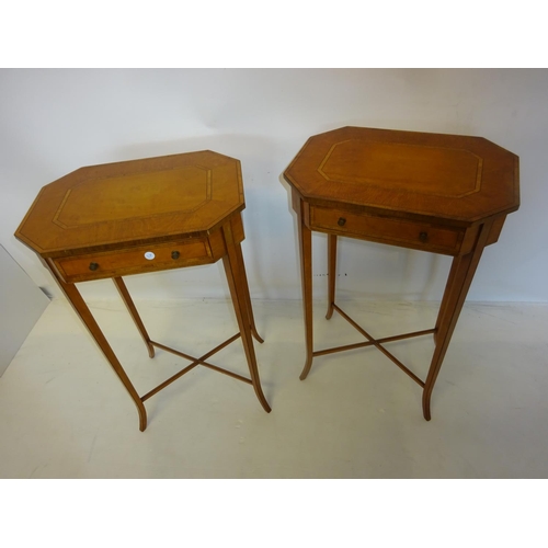1 - A fine pair of satinwood lamp tables each fitted with a drawer and raised on tapered legs with cross... 