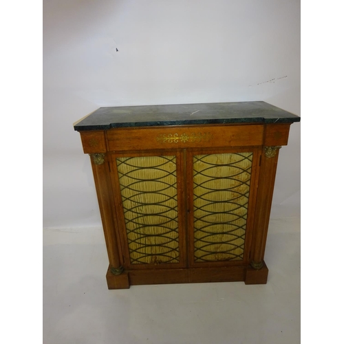 105 - An antique mahogany pier cabinet having sharped marble top over brass inlaid drawer, two cupboard do... 