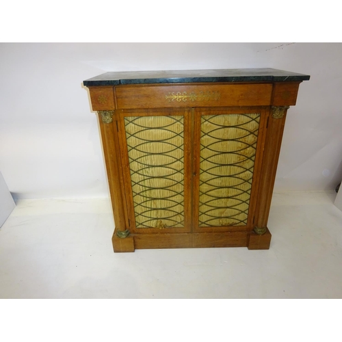 105 - An antique mahogany pier cabinet having sharped marble top over brass inlaid drawer, two cupboard do... 