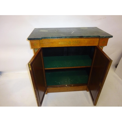 105 - An antique mahogany pier cabinet having sharped marble top over brass inlaid drawer, two cupboard do... 