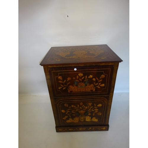 115 - A 19th century Dutch marquetry cabinet with two deep drawers, brass handles and plinth base. W. 63cm... 