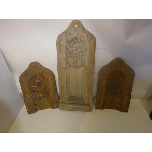 12 - Three carved Gothic design wood panels. AF. (Tallest 104cm x 39cm, Smaller H. 64cm x 39cm)