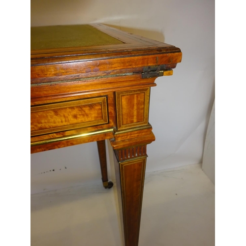 130 - Good antique satinwood writing/card table, the rectangular shaped folding top with leather inset rai... 