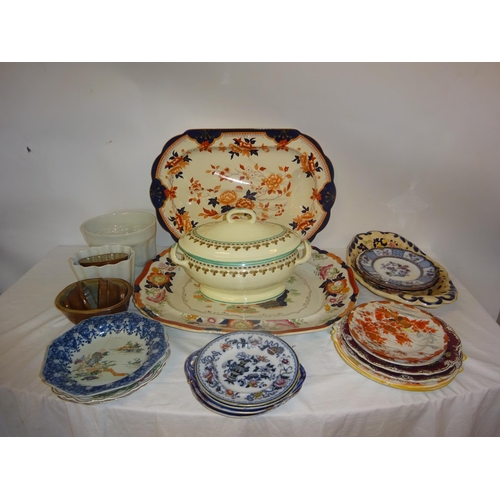 135 - Two large Victorian meat platters, collection of jelly moulds, China tureen and cover and a quantity... 