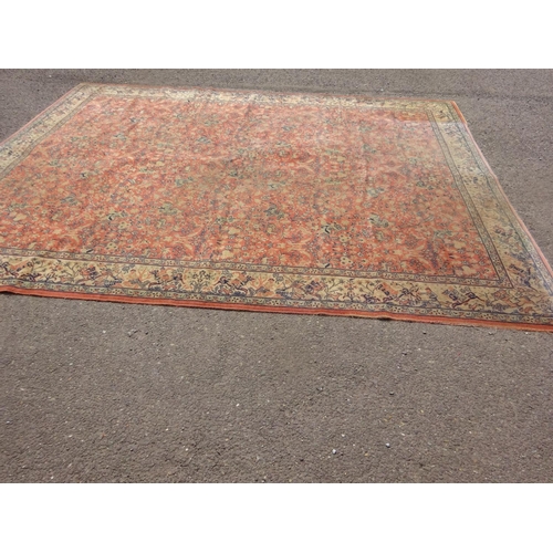 144 - Large Keshan rug, (faded & worn).
356cm x 275cm.