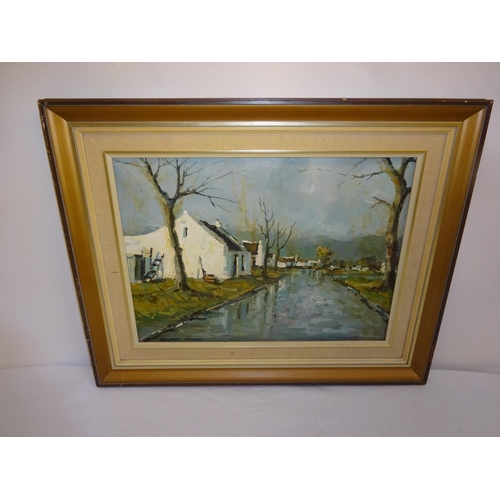 149 - Donald James Madge 1920-1997,
Cottages by river,
Oil on board,
Signed lower left,
35cm x 45cm.