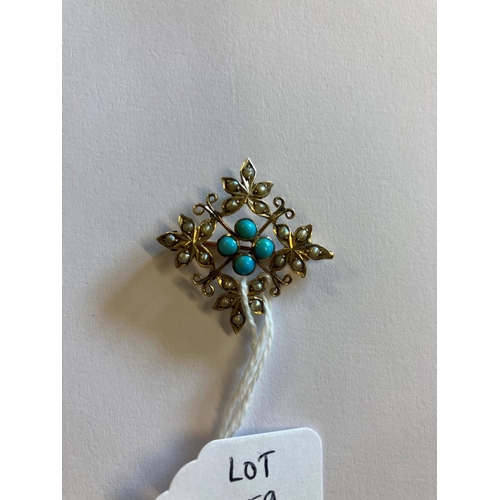 159 - 9ct gold turquoise and pearl brooch.