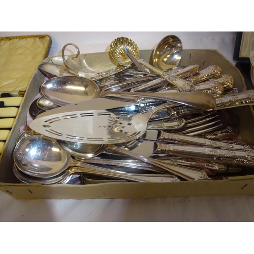 162 - Box lot of plated cutlery (Kings pattern) and cased sets.