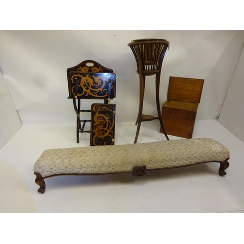 2 - Jardinere stand, foot stool, storage box and poker work magazine rack. Restoration required (see pho... 