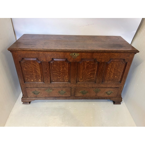 209 - A good early antique oak coffer having lift up top, panelled front over two drawers raised on bracke... 