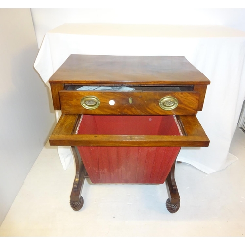 212 - A good Victorian mahogany ladies work box raised on shaped side supports, turned cross stretcher and... 